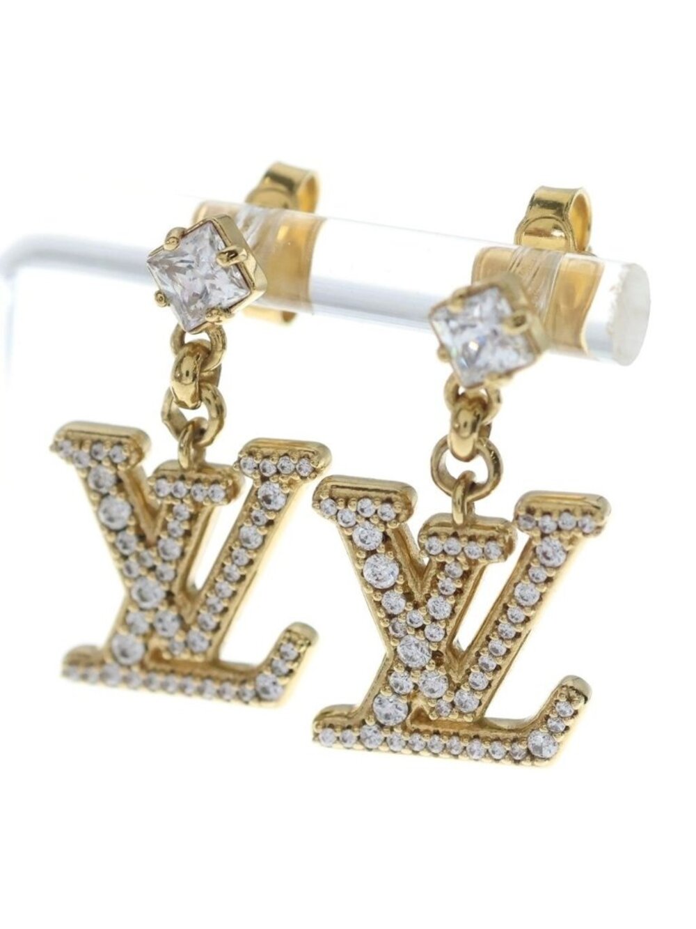 Louis Vuitton Monogram Rhinestone Earrings LV Gold